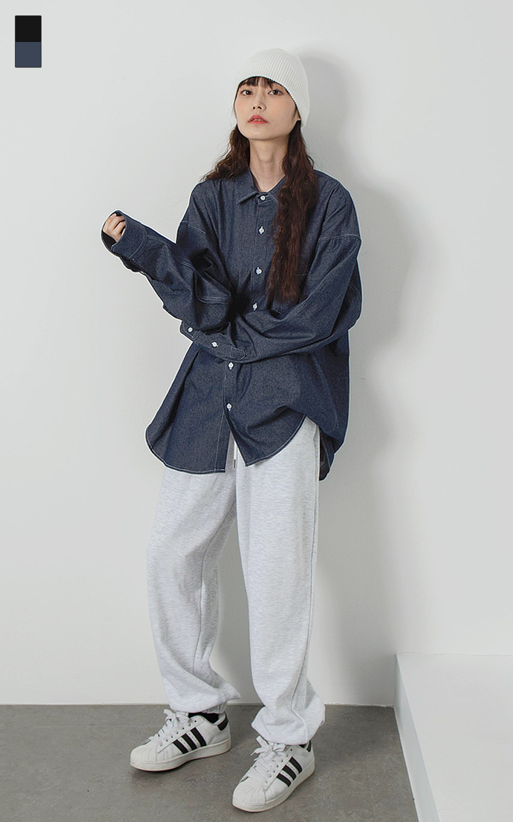 오버핏 스티치 데님셔츠